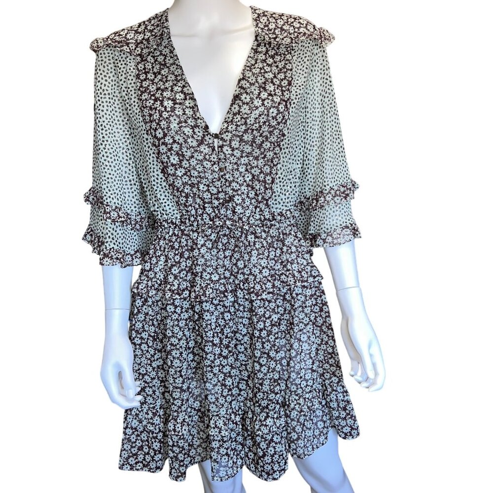 Sabina Musayev Delphine Dress Ruffled Sleeves Brown & Mint Ditsy Print Size L